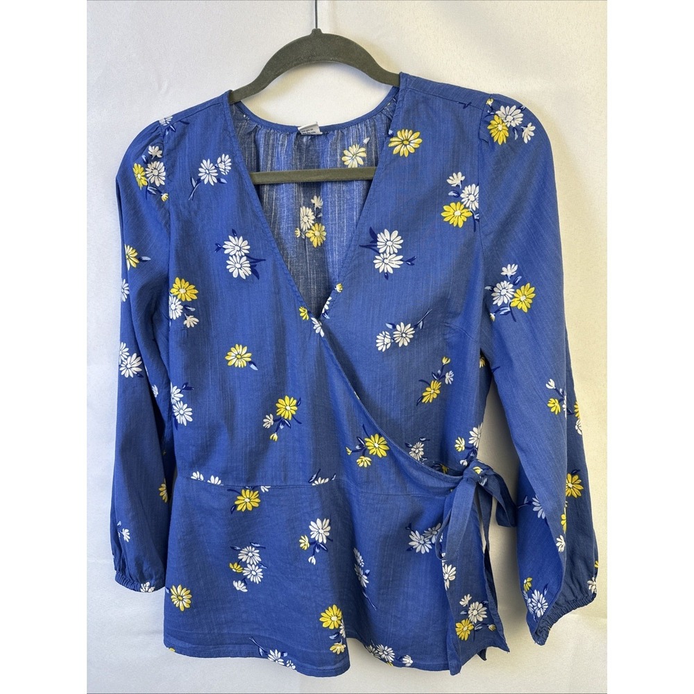 Old Navy Wrap Top Women Sz. S Floral Daisy 3/4 Sleeve Blue Cotton Rayon